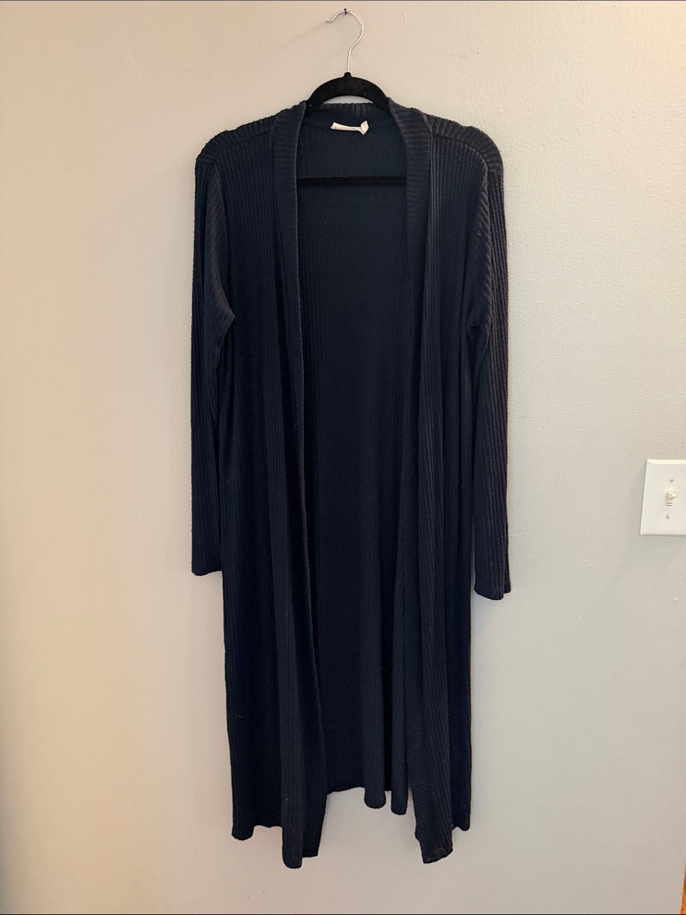 Lush Black Long Ribbed Open-Front Cardigan